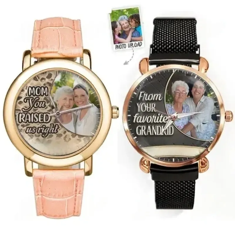 Her Photo in Floral Frame - Elegant Watch For Mom/Grandma/Wife