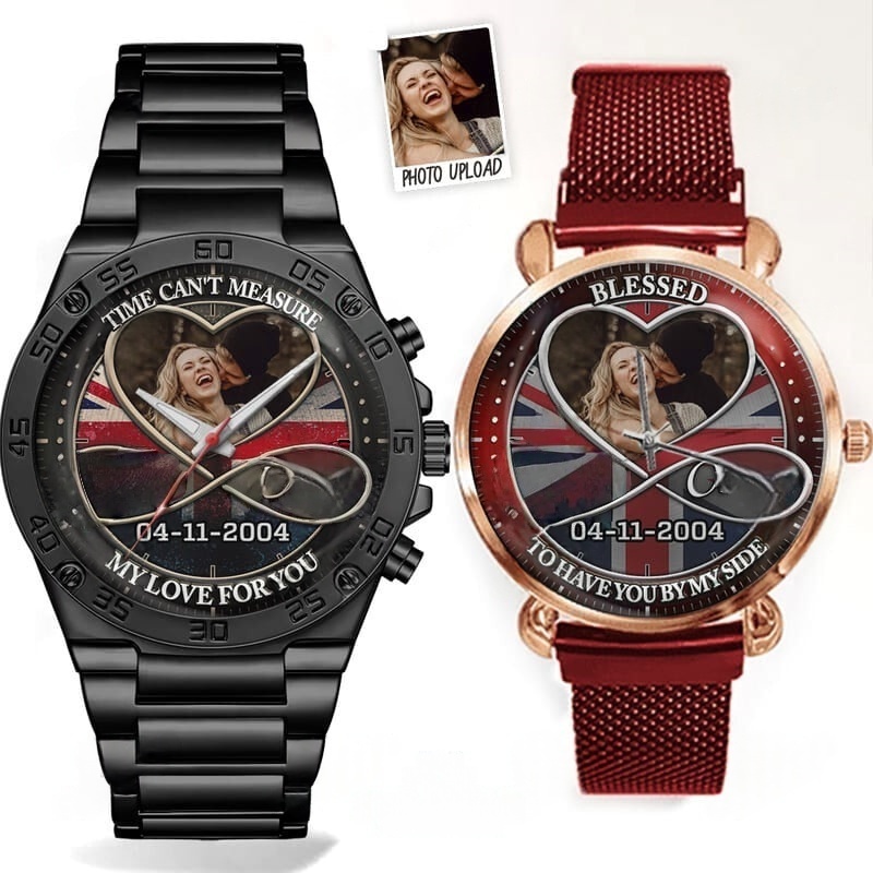 Couple Photo Upload Watches - Custom Flag Background Edition